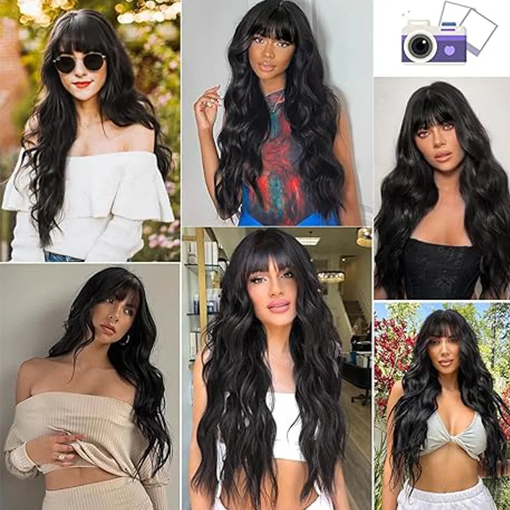 Synthetic Long Blonde Wigs with Bangs for Women Curly Wavy Hair Wigs Heat Resistant Fiber Wigs for Daily Party Use 26 Inches