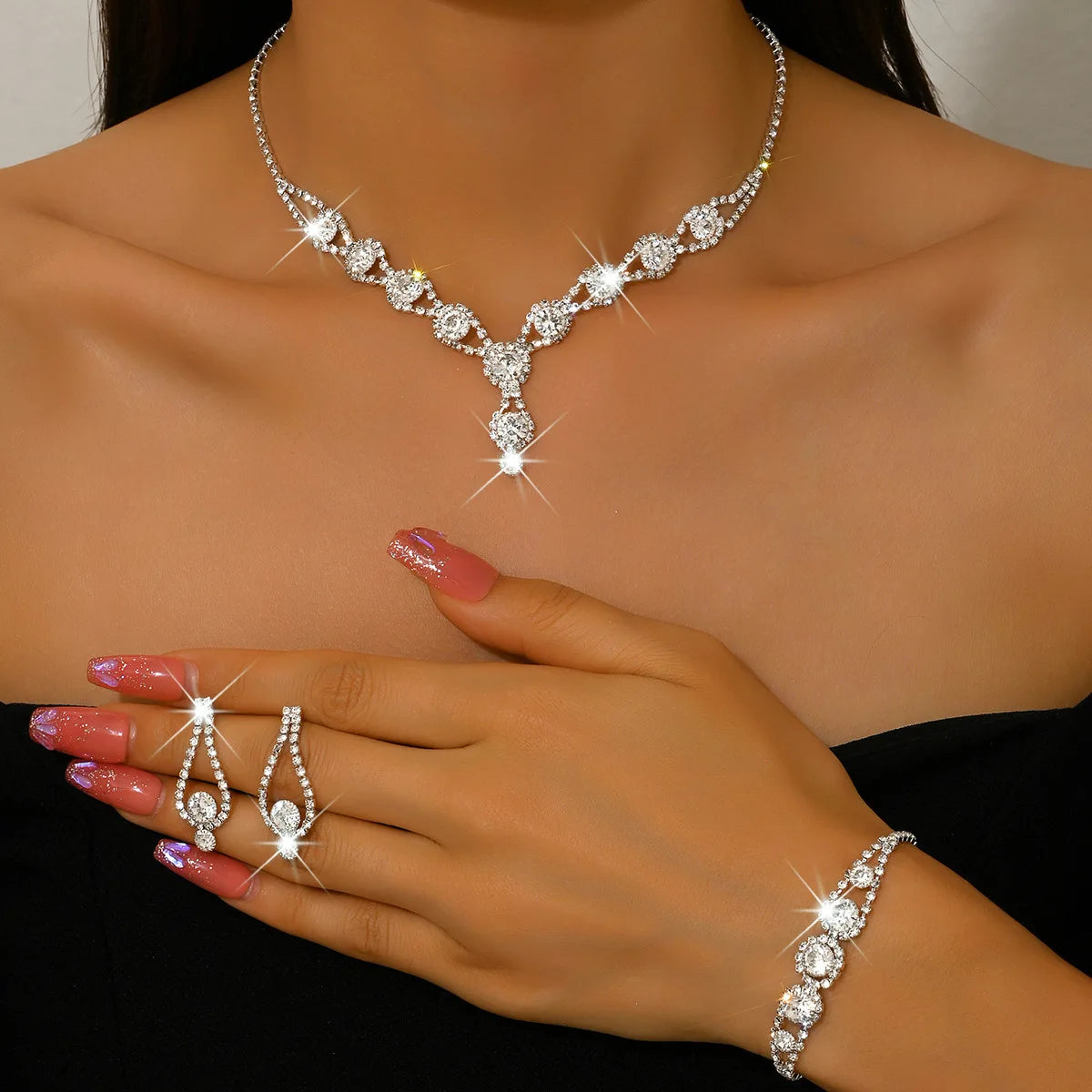 4PCS Fashion Elegant Crystal Jewelry Sets for Women Rhinestones Necklace Ring Earrings Bridal Wedding Party Jewelry Sets