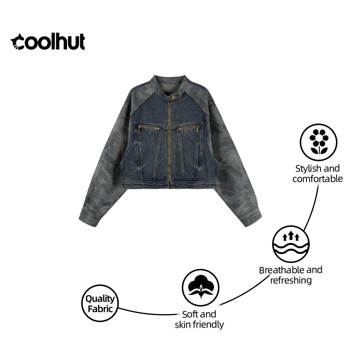 COOLHUT New Arrival Women's 2025 American Style Denim Jacket Stand Collar Color Block PU Trim Slim Fit Casual Fall Outerwear