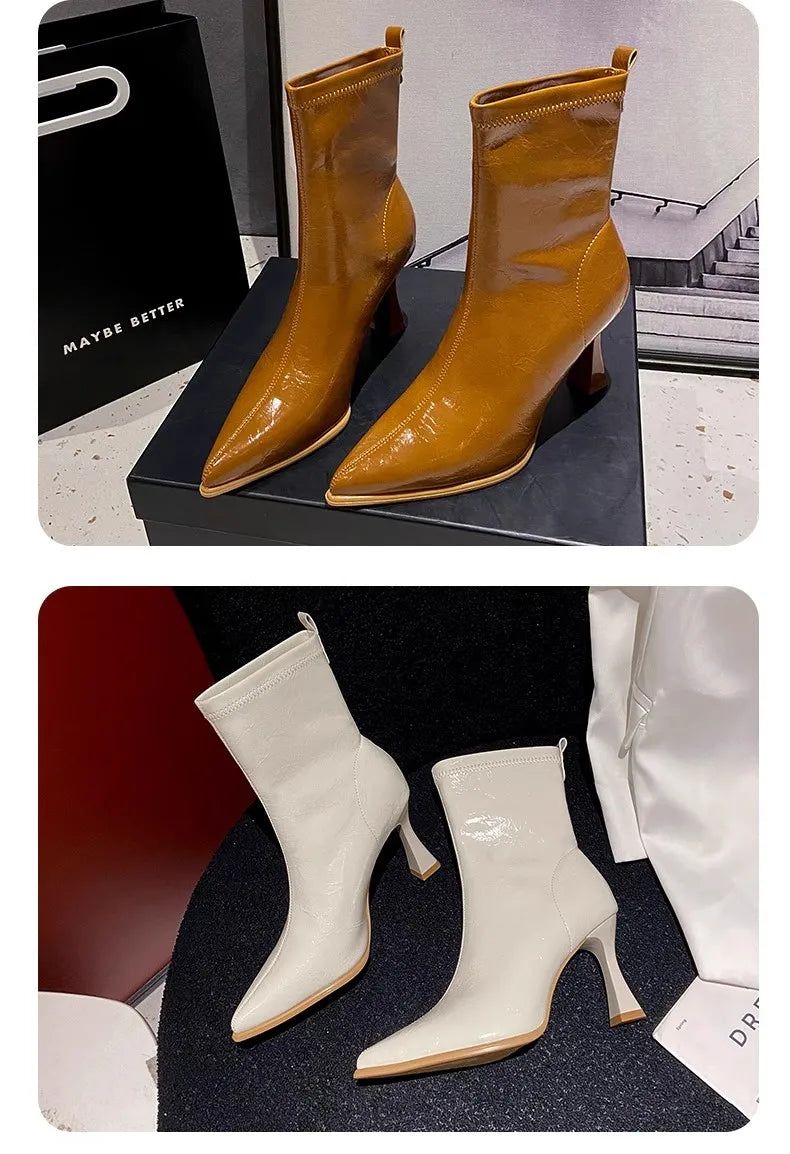 Pointed Toe High Heels Elegant Women Boots Chunky Leather Shoes 2025 Winter Fashion Pumps Chelsea Boots Dress Sexy Mujer Botas