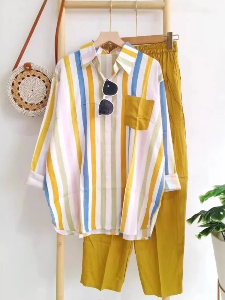 Plus Size Loose Casual Two Piece Sets Women 2025 Fashion Elegant Comfort Striped Long Sleeve Shirts And Long Pants Sportswear