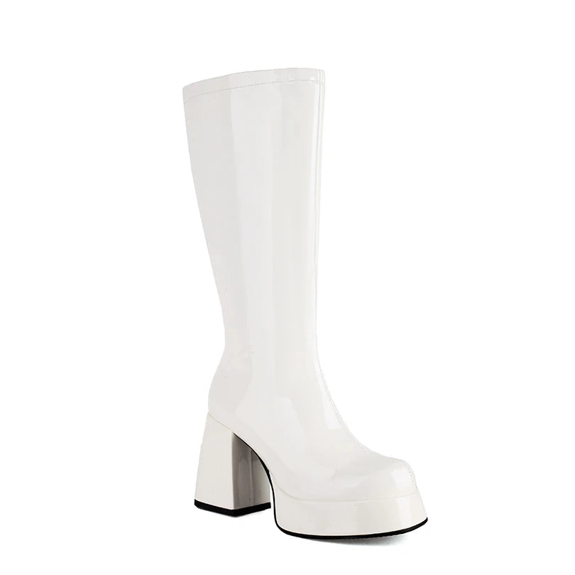 Plus Size Glossy Patent Leather Upper Square Toe Super Thick Heel Plush Lining Women's Knee Boots Platform Side Zipper Boots