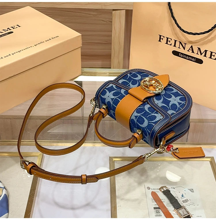 Ladies' handbag, light luxury retro denim canvas bag, fashionable 2025 new style saddle bag, high-end single shoulder crossbody