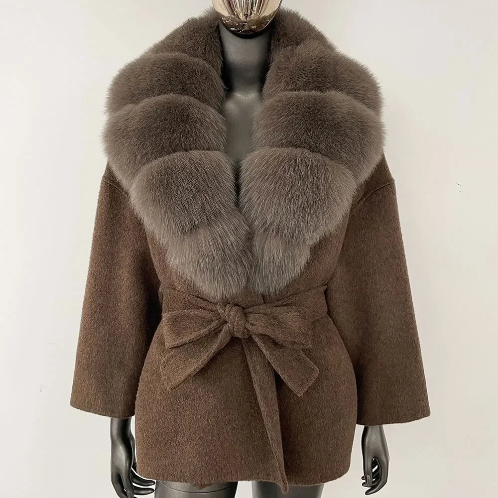 OFTBUY Real Raccoon Fox Fur Coat 2024 New Belt Pocket Winter Blends Wool Coat Women Loose Outerwear Fur Jacket Casual Streetwear