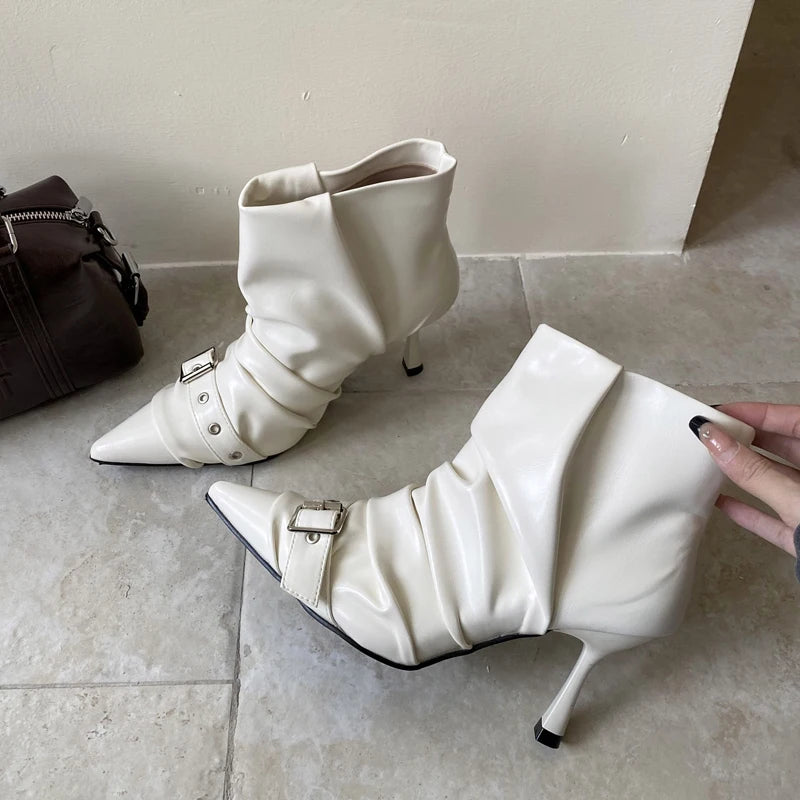 Aneikeh Spring Autumn Short Booties Sexy Thin High Heels Pointed Toe Women Ankle Boots Designer Belt Buckle Pleated Shoes