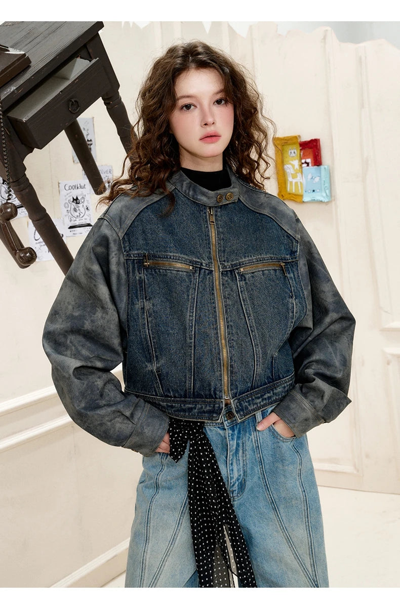 COOLHUT New Arrival Women's 2025 American Style Denim Jacket Stand Collar Color Block PU Trim Slim Fit Casual Fall Outerwear