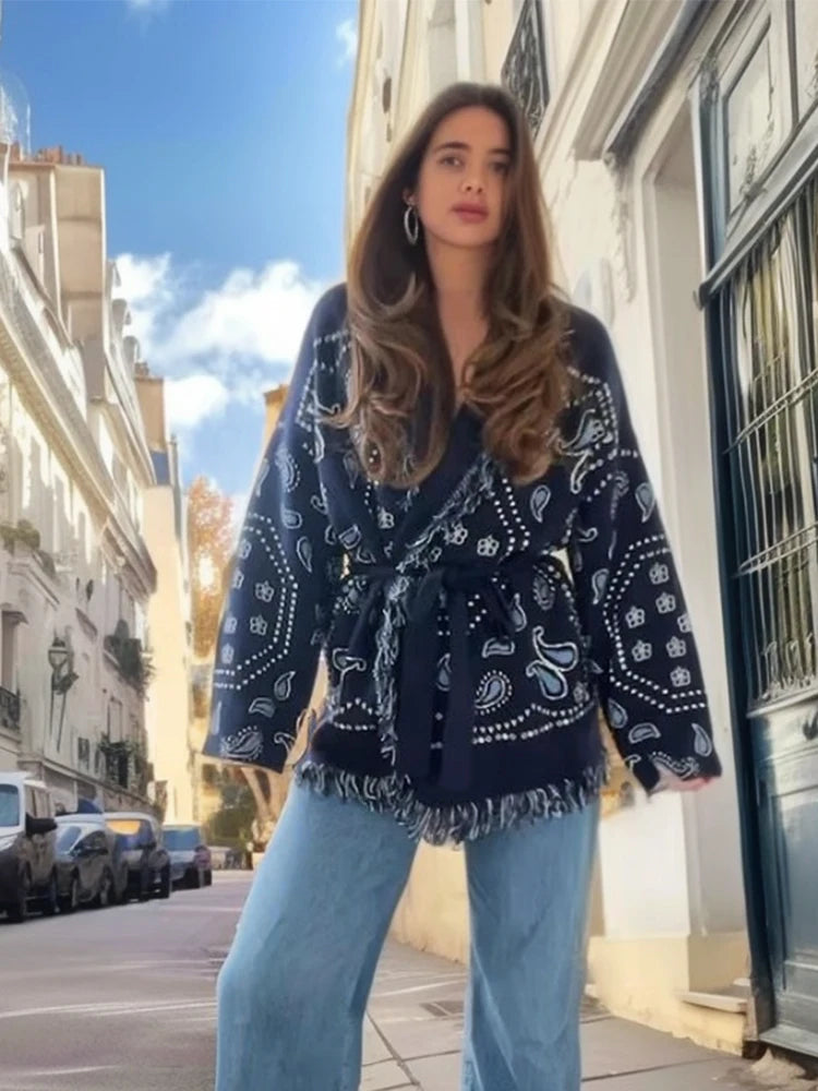 Tassel Patchwork Printed Cardigan Women Fashion V-neck Long Sleeve Loose Outerwears Lady Autumn Daily Commute Street Cardigans