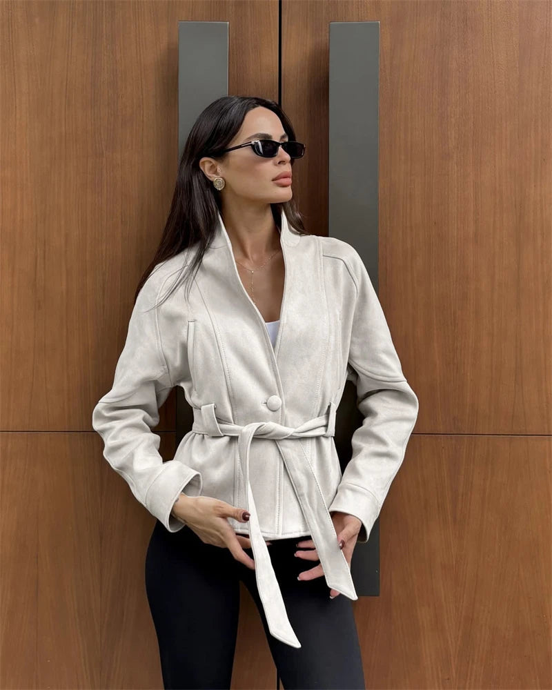 Tornova Retro Suede Long-sleeved Jacket Coat Female V neck Lace Up Jacket 2025 Autumn Winter New Commute Office Lady Outerwear