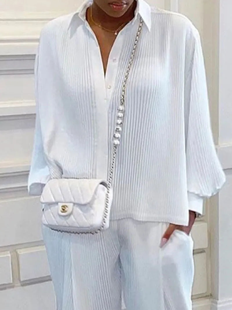 Classic Solid Shirt Pants Set Women Casual Loose Long Sleeved Lapel Elastic Waist Two Piece Suit 2025 New Summer Street Outfit