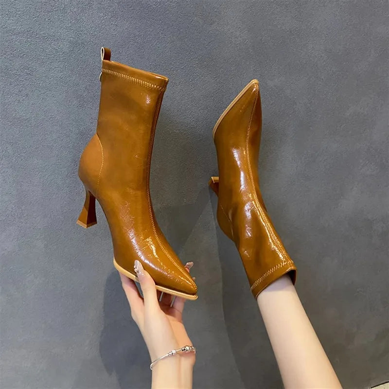 Pointed Toe High Heels Elegant Women Boots Chunky Leather Shoes 2025 Winter Fashion Pumps Chelsea Boots Dress Sexy Mujer Botas