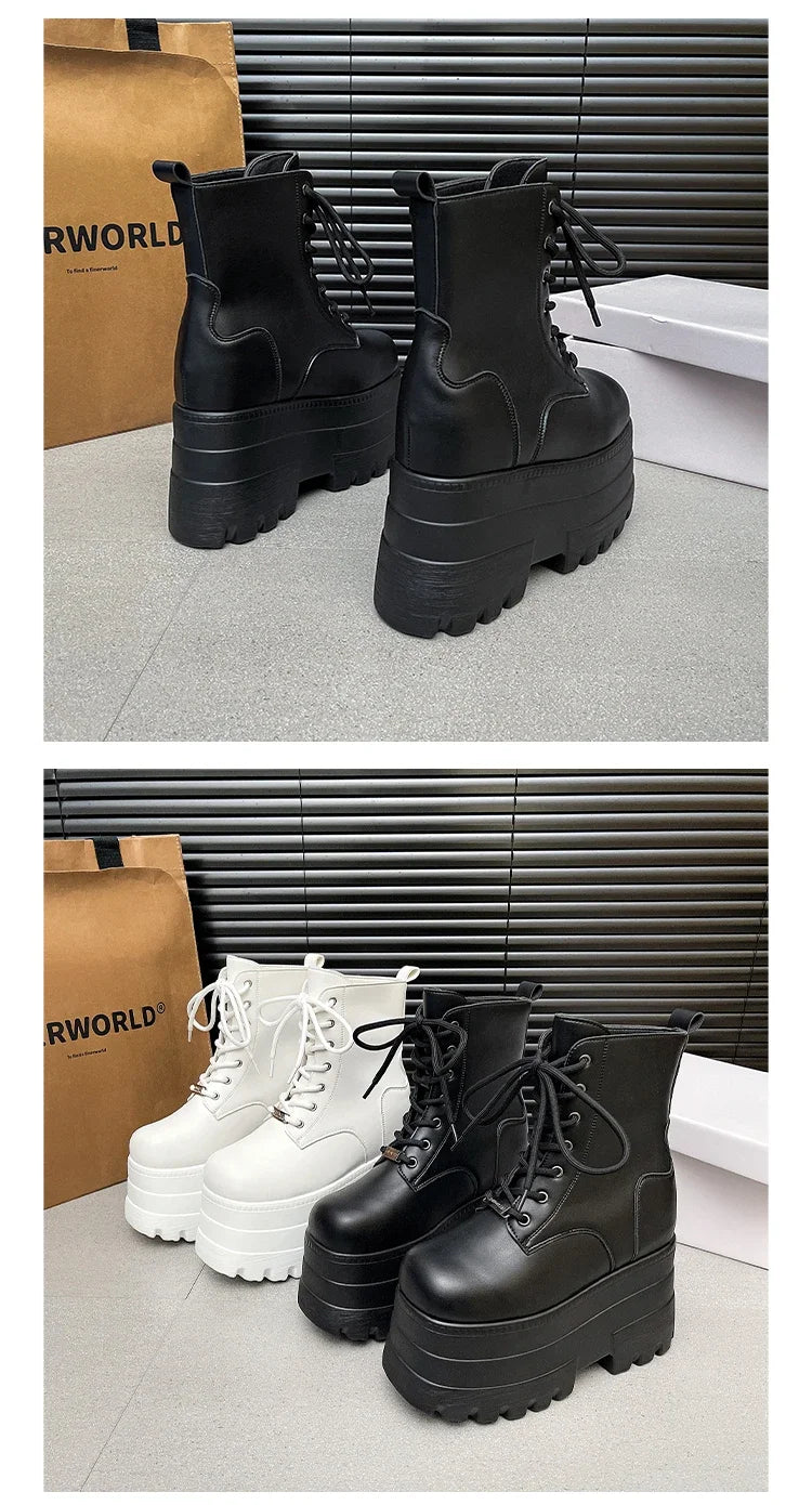 Women 13 CM Platform Boots Casual Outdoor Shoes Chunky Simple Lace Up Design Ankle Boots Cool Nightclub Party Black Shoes 35-43