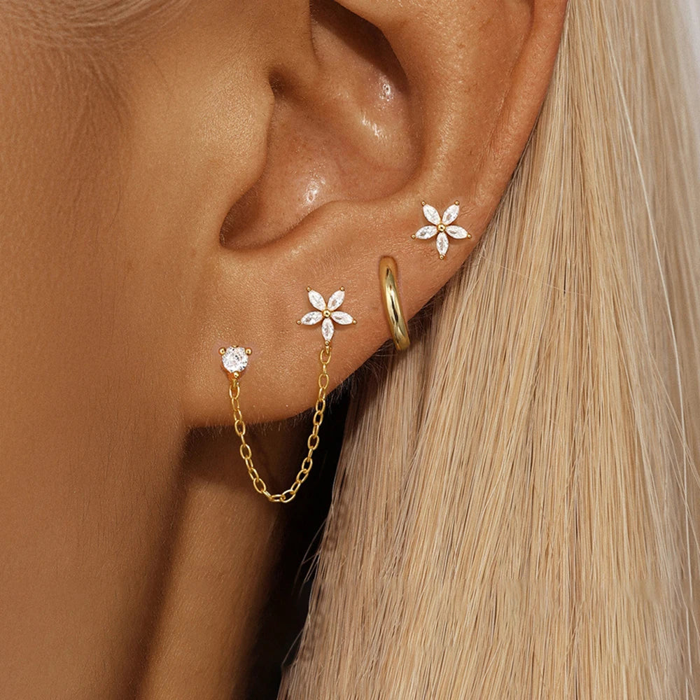 3PCS Stainless Steel Zircon Flower Star Ear Stud Earrings Set 14K Gold Plated Chain Cartilage Piercing Earring Women's Jewelry