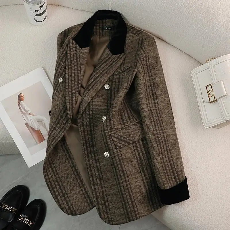 Autumn Winter New Blazer Coats Women's Woolen Jackets Long Sleeve Plaid Print Vintage Thick Outerwears Elegant Jaqueta Feminina