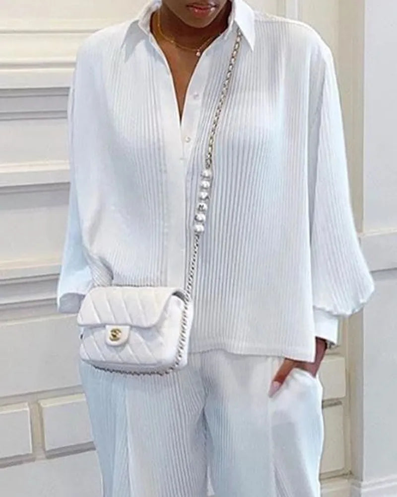 Classic Solid Shirt Pants Set Women Casual Loose Long Sleeved Lapel Elastic Waist Two Piece Suit 2025 New Summer Street Outfit