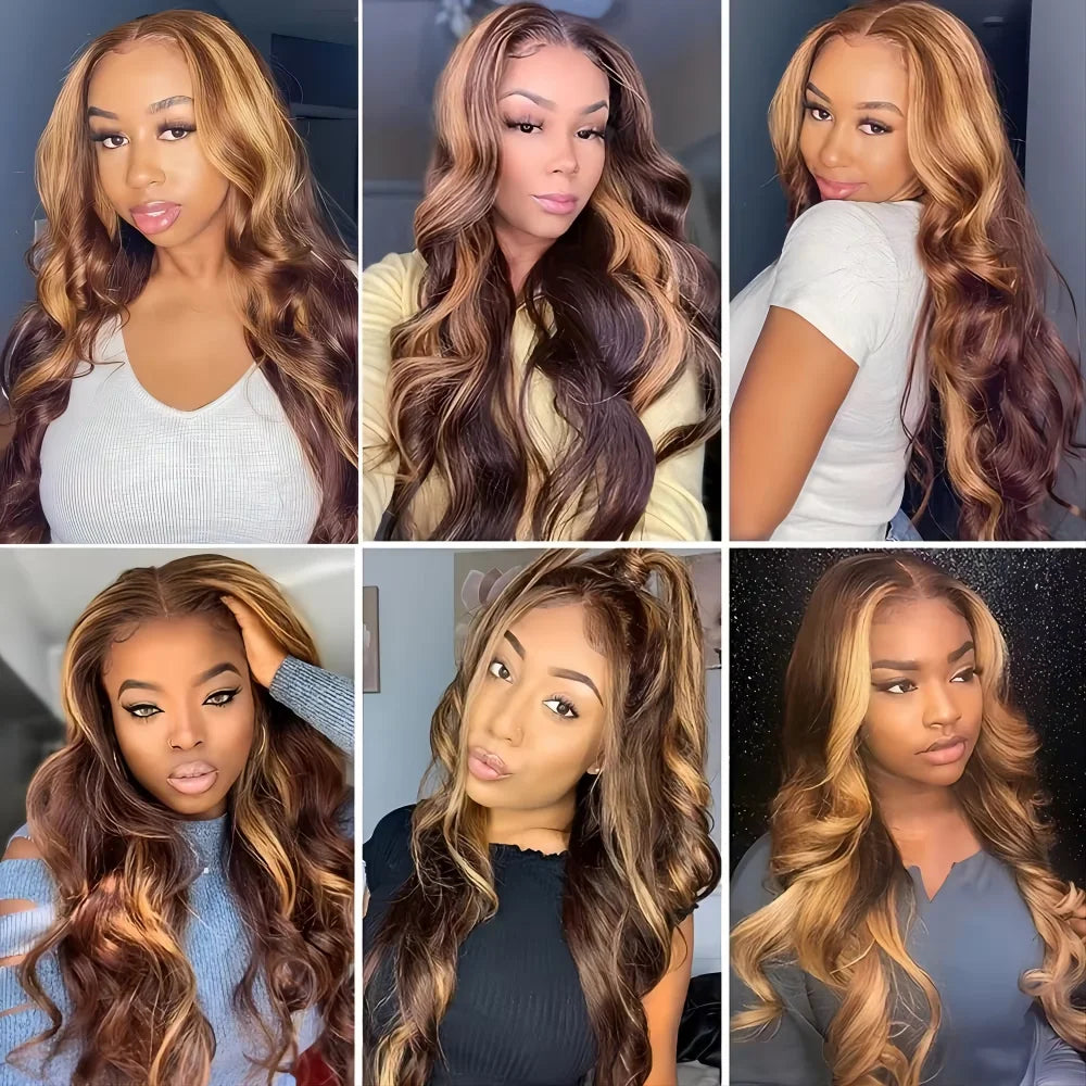 P4/27 Highlight Ombre Brown Body Wave 13x6 Human Hair Wig Honey Blonde Colored 13x4 HD Lace PrePlucked 40 46 Inch Wigs For Women