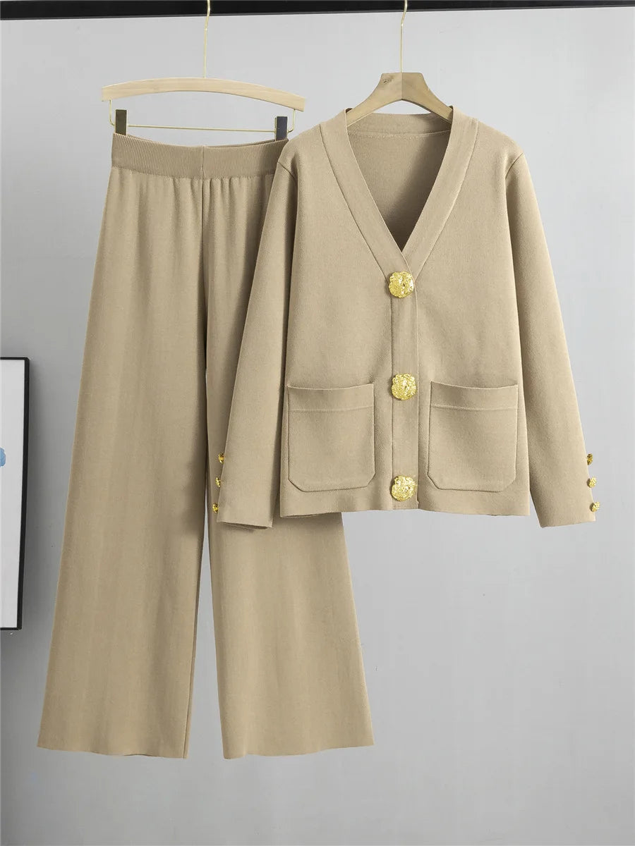 Women Elegant Knitted 2 Piece Sets Korean Knit Single Breasted Sweater Cardigan Tops Conjuntos High Waist Wide Leg Pants Outfit