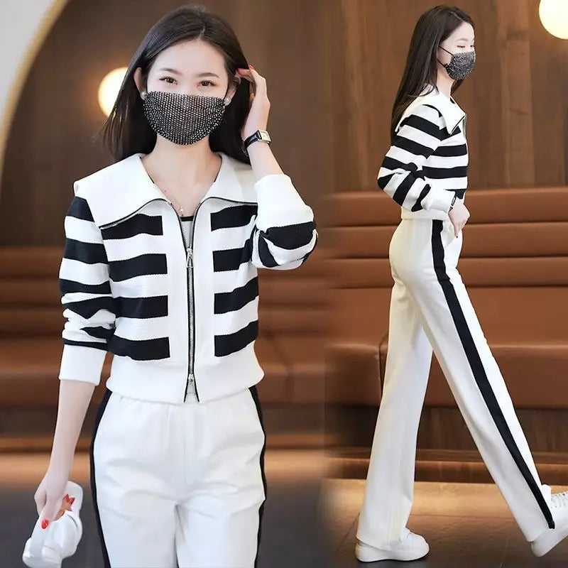 Women Clothing Pant Sets Striped Zipper Loose Tops & Comfortable Casual Pants Office Lady Fashion Commute Vintage Two-piece Set