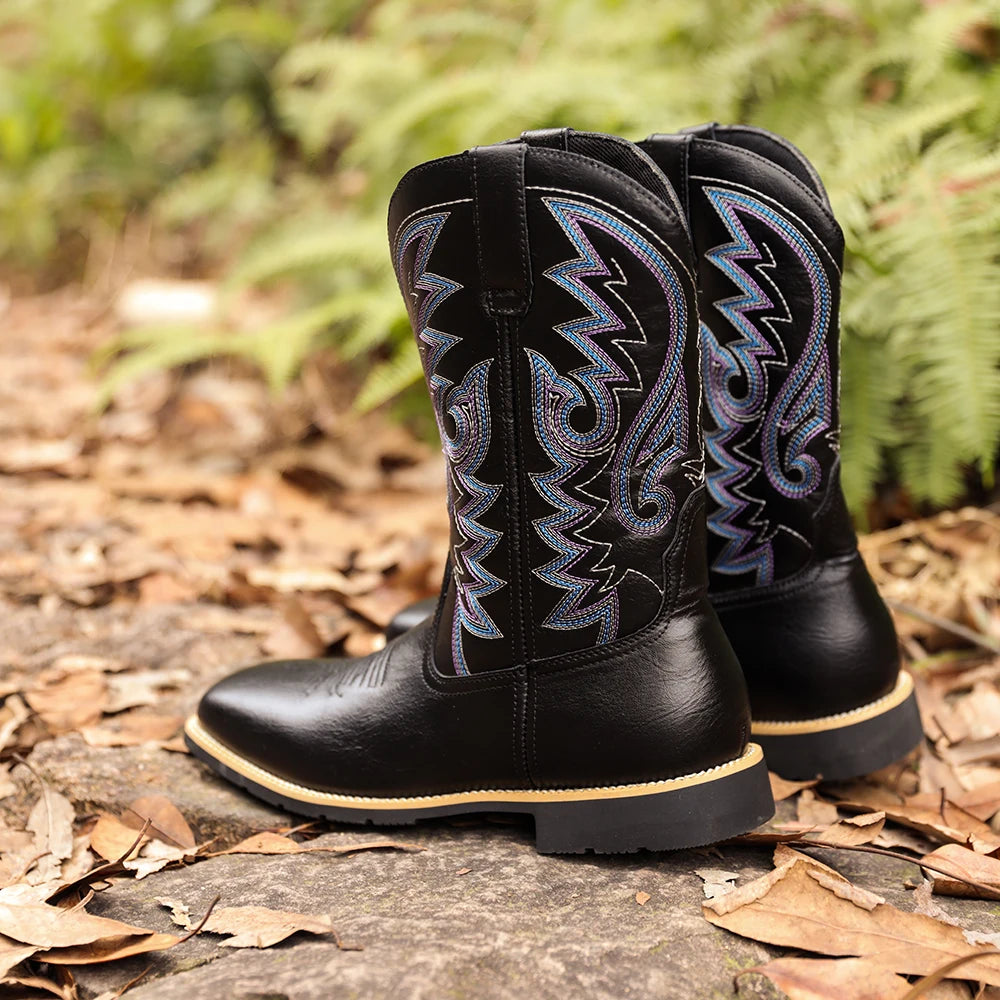 Men's creative pattern embroidered retro rope boots, wide-toed men's  cowboy boots, high-top riding