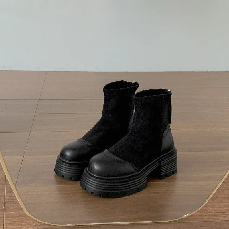 Vintage Platform Thick Sole Woman Ankle Boots Design Back Zippers Shoes Autumn Winter Slim Height Increase Short Botas