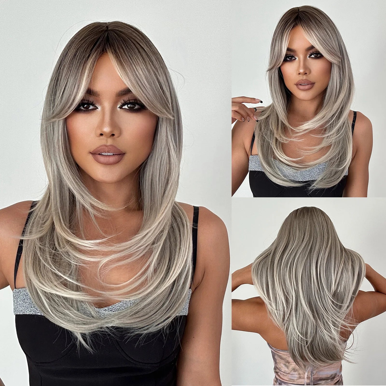 Long Straight Layered Synthetic Wig Blonde Platinum Highlight Wig with Bangs Daily Use Natural Hair Heat Resistant Wig for Women