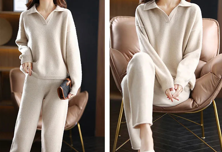 Casual Knitted 2 Piece Sets Korean Polo Neck Sweater Pullover Conjuntos Women High Waist Ankle Length Malhas Harem Pant Setleri