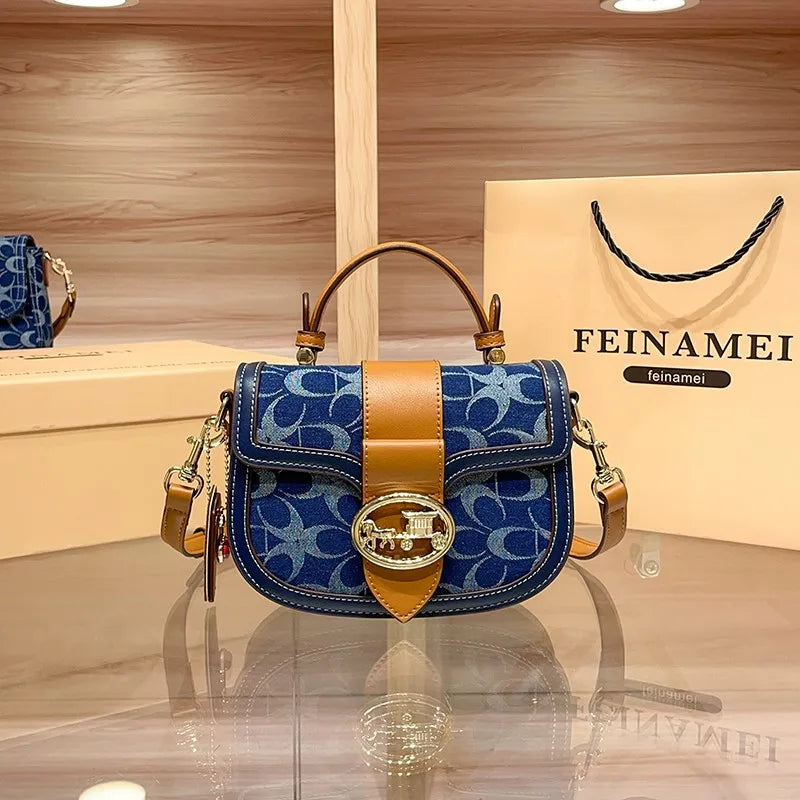 Ladies' handbag, light luxury retro denim canvas bag, fashionable 2025 new style saddle bag, high-end single shoulder crossbody