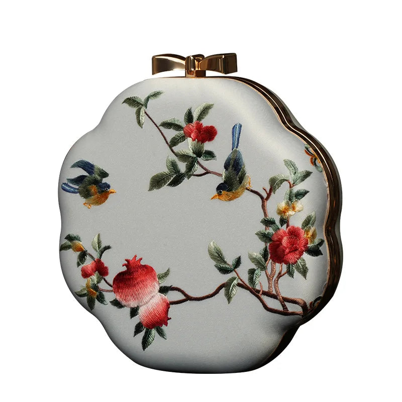 Cape-Bay Retro Versatile Women's Small Round Bag Mini Bag Chain Bag Bead Bag New Middle-Aged Mother Bag Ethnic Style Flower and Bird Embroider Shoulder Bag Crossbody Bag Wedding Banquet Wedding Bag with Cheongsam Bag Hard She