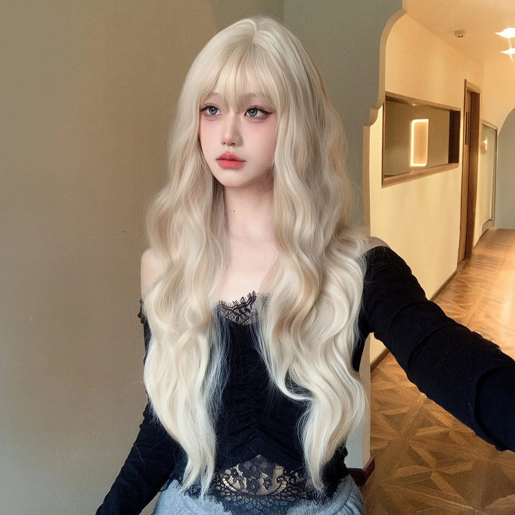 Platinum 613 Blonde Wig Long Wavy Synthetic Wig with Bangs Curly Mixed Golden for Women Cosplay Party Daily Use Heat Resistant