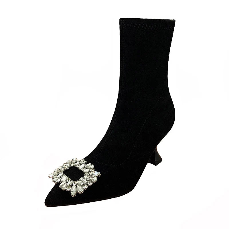 Ankle Boots Women Boots Women Shoes Woman Fashion High-heeled Pointed Flock Boots Spring Autumn Rhinestone Short Boots