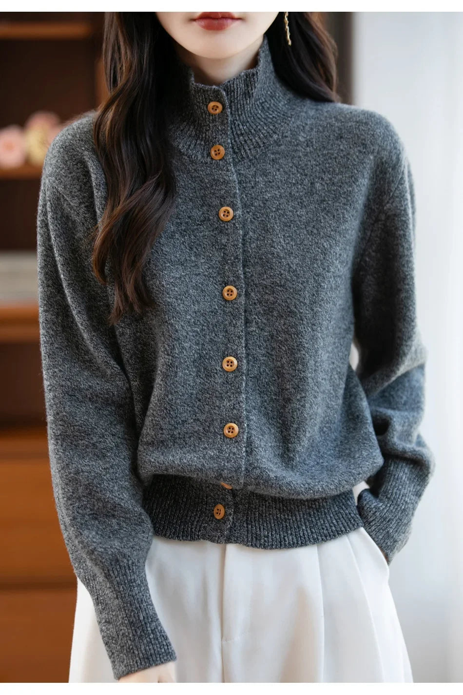 Pure Wool Thickened Knitted High Collar Sweater Coat for Women Winter Season Button up Cardigan Outerwear Floral Pattern