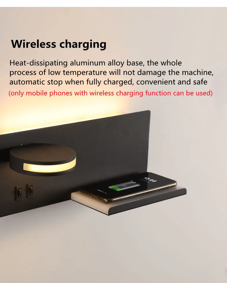 Wireless Charging Wall Lamp Bedroom Bedside USB Wall Light Rotatable Reading Lamp Study Room Switch Modern Multifunctional Hotel