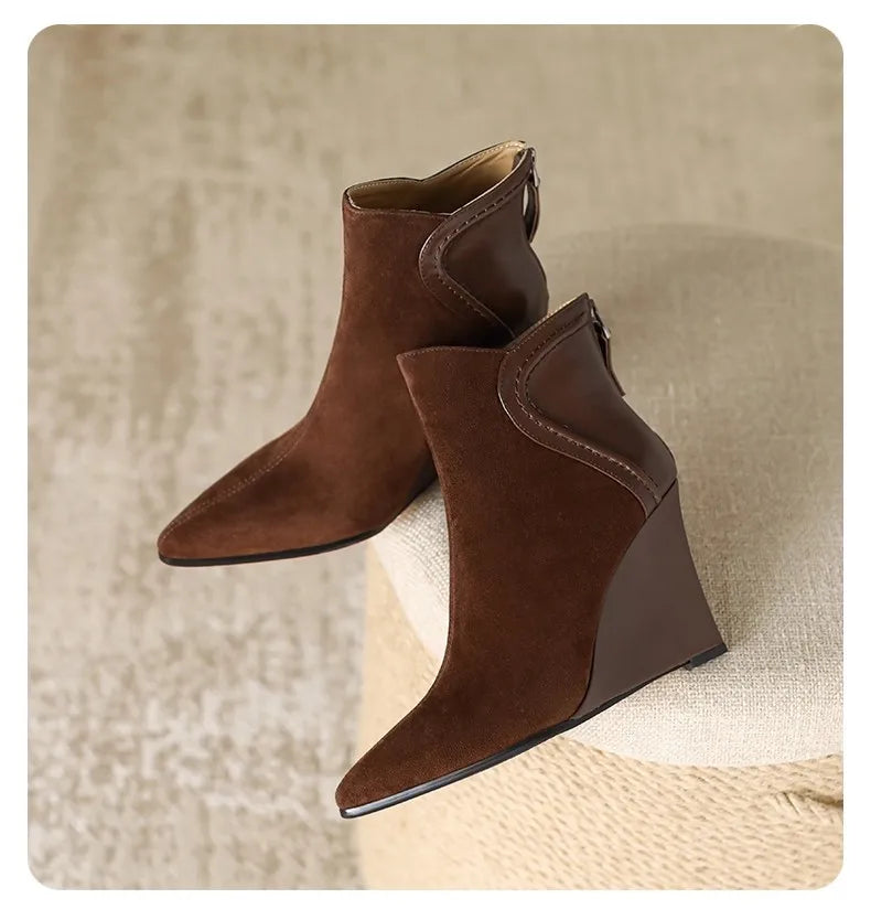 Wedges Women's Ankle Boots Pointed Toe Fashion Shoes Designer Suede Winter Boots 2025 High Heels Dress Luxury Botas Para Mujer