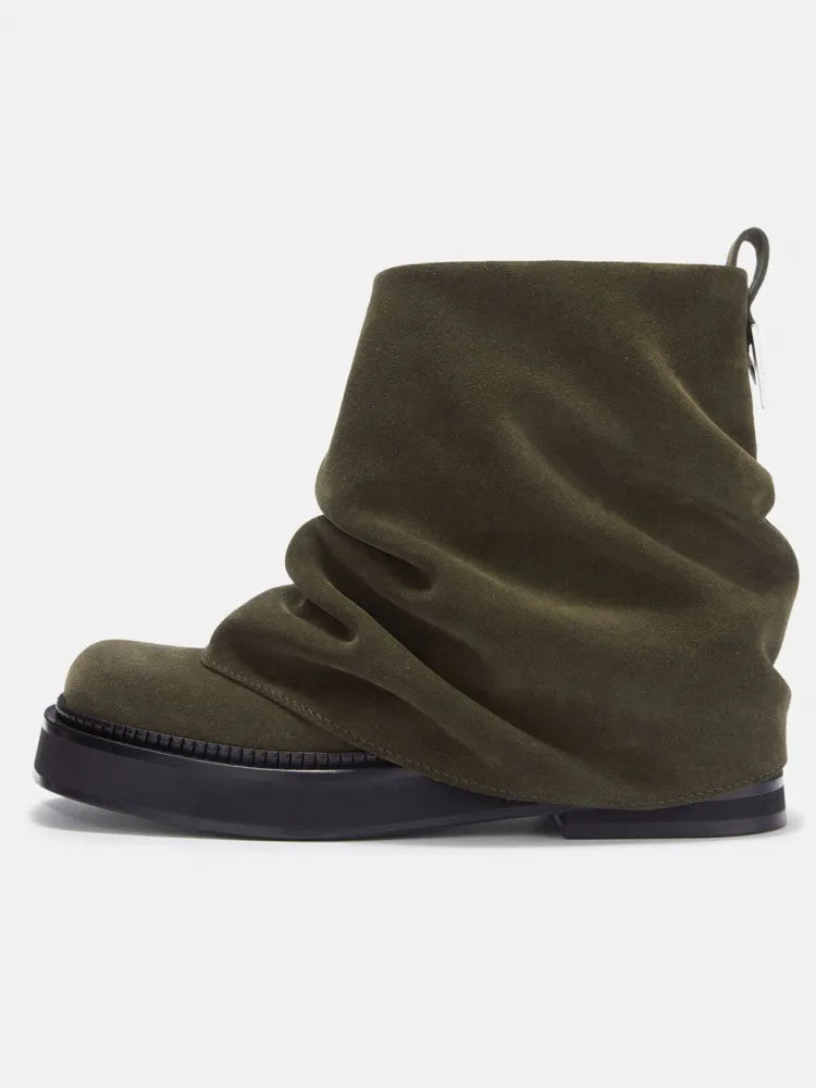 Women's New Autumn and Winter Calf Boots with Pleated Thick High Heels and Fashionable Oversized Street Leather Mid Leg Boots