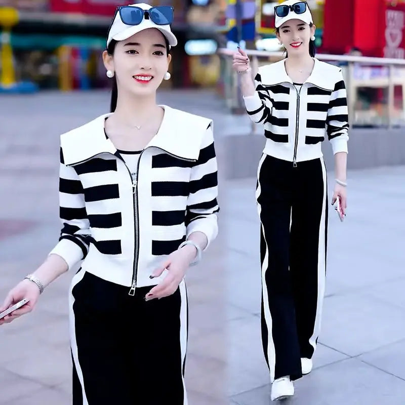 Women Clothing Pant Sets Striped Zipper Loose Tops & Comfortable Casual Pants Office Lady Fashion Commute Vintage Two-piece Set