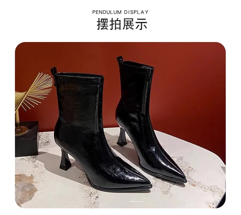 Pointed Toe High Heels Elegant Women Boots Chunky Leather Shoes 2025 Winter Fashion Pumps Chelsea Boots Dress Sexy Mujer Botas