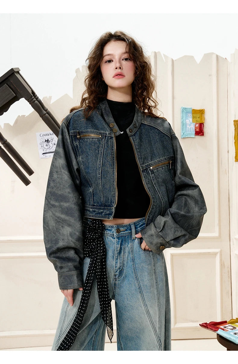 COOLHUT New Arrival Women's 2025 American Style Denim Jacket Stand Collar Color Block PU Trim Slim Fit Casual Fall Outerwear