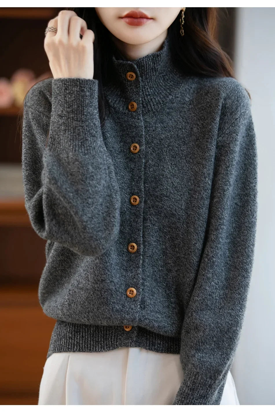 Pure Wool Thickened Knitted High Collar Sweater Coat for Women Winter Season Button up Cardigan Outerwear Floral Pattern