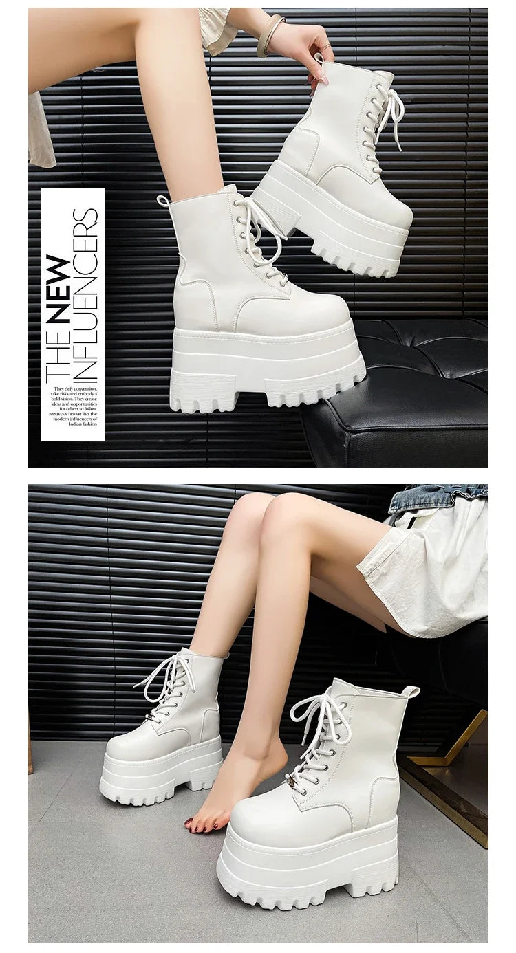 Women 13 CM Platform Boots Casual Outdoor Shoes Chunky Simple Lace Up Design Ankle Boots Cool Nightclub Party Black Shoes 35-43