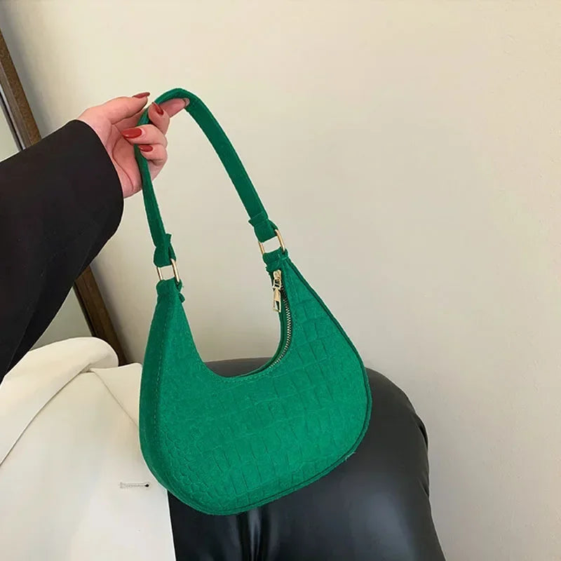 Women Bags Shoulder Retro Leisure Handbag Pure Felt Fashion Underarm Bag Crescent Saddle Bag for Ladies Advanced Armpit Bag 2025