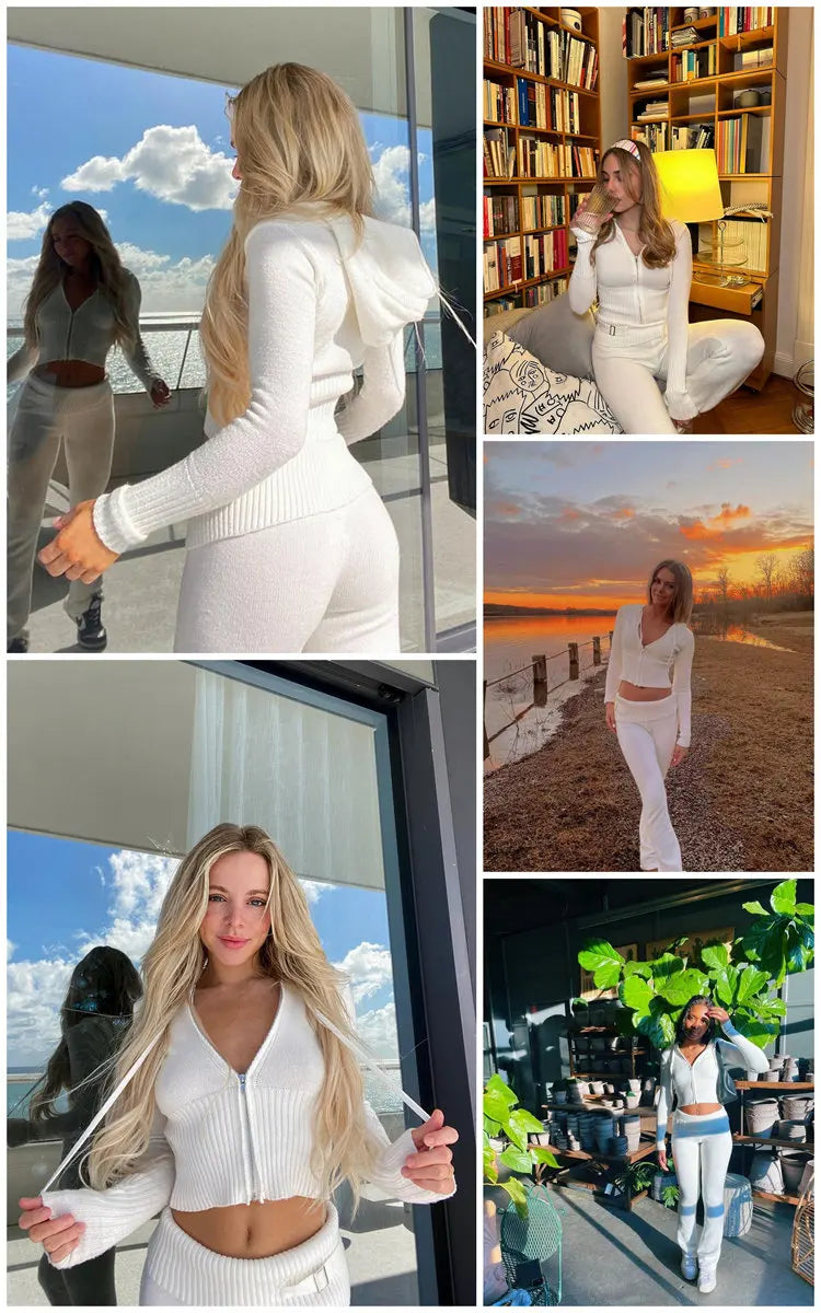 Tossy Knit Fashion 2 Piece-Set Trousers Hoodie Tracksuit Women Crop top Knitwear And Women's Pants Sets Female Trousers Outfits