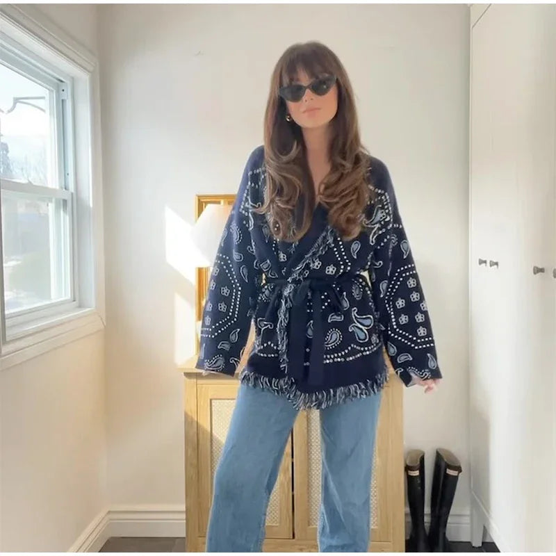 Tassel Patchwork Printed Cardigan Women Fashion V-neck Long Sleeve Loose Outerwears Lady Autumn Daily Commute Street Cardigans