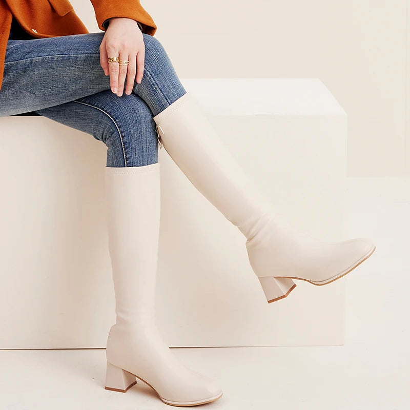 XiangXiangLi Women's Knee-High Boots with Fleece Lining Chunky Heel Long Tube Boots