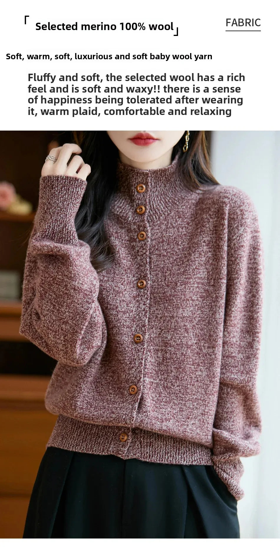 Pure Wool Thickened Knitted High Collar Sweater Coat for Women Winter Season Button up Cardigan Outerwear Floral Pattern