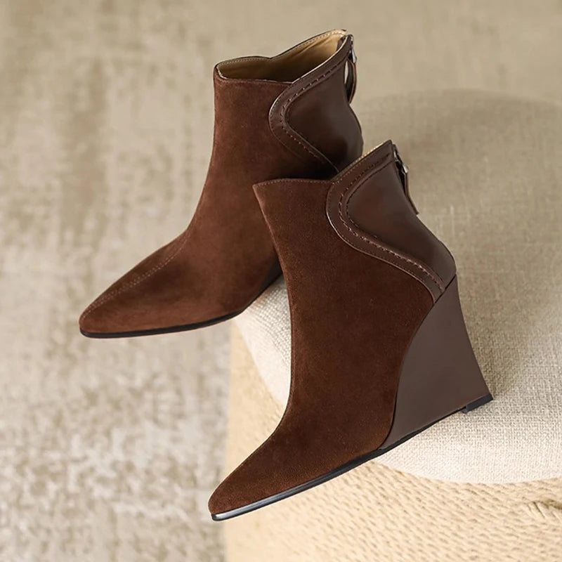 Wedges Women's Ankle Boots Pointed Toe Fashion Shoes Designer Suede Winter Boots 2025 High Heels Dress Luxury Botas Para Mujer