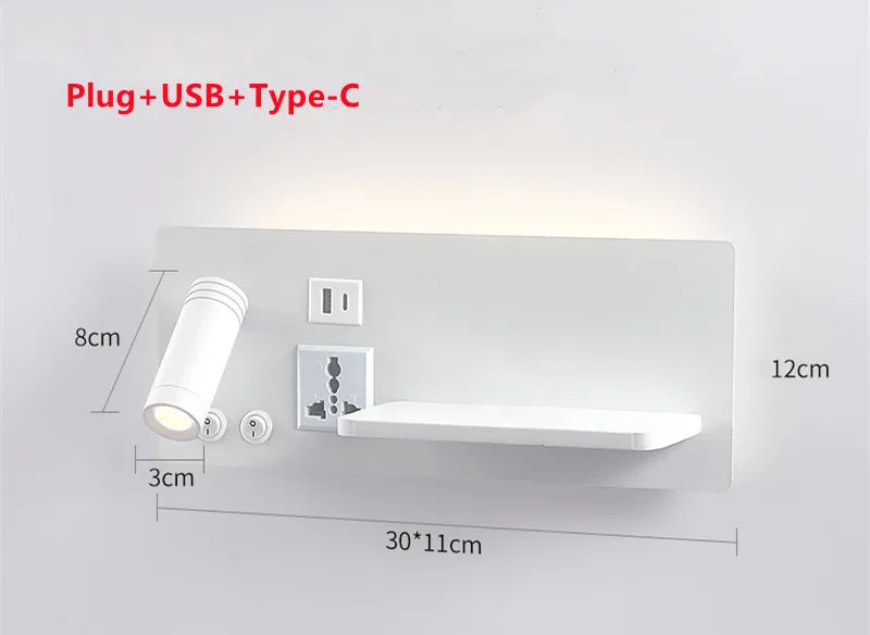 Wireless Charging Wall Lamp Bedroom Bedside USB Wall Light Rotatable Reading Lamp Study Room Switch Modern Multifunctional Hotel