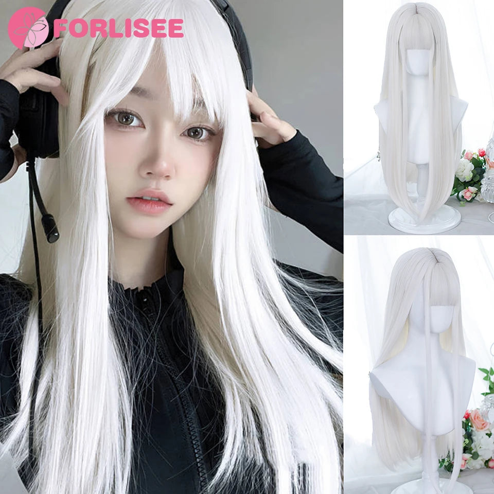 FORLISEE Synthetic White Wig Women's Long Hair Full Head Cover Lolita Japanese Cos Air Bang Long Straight Hair Wig Cover