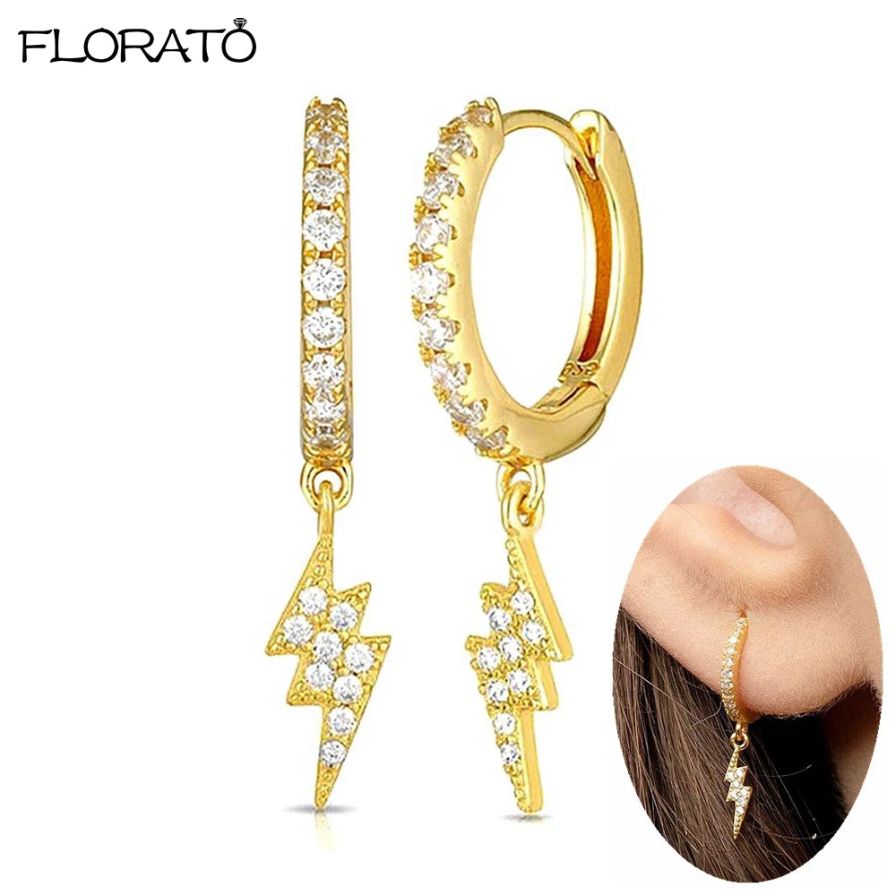 925 Sterling Silver Needle Lightning Pendant Earrings Charming Pave Crystal Gold Hoop Earrings for Women Fashion Jewelry Gifts