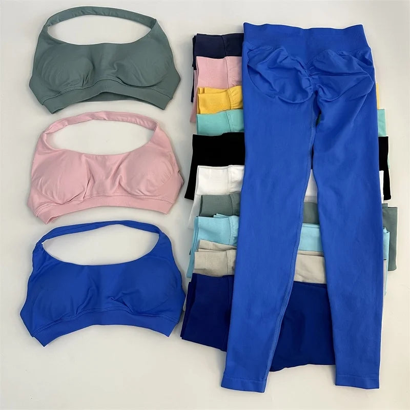 Ladies seamless yoga suit; two-piece fitness leggings; hip-lifting yoga pants set; gym sport suit; backless sports bra with