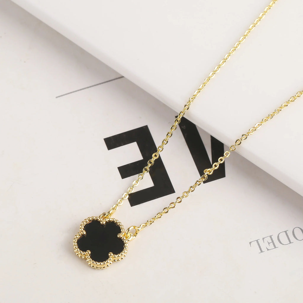 18K Gold Plated High Quality Simple Plant Five Leaf Flower Natural Stone Metal Pendant Necklace Earring Set Women's Clover