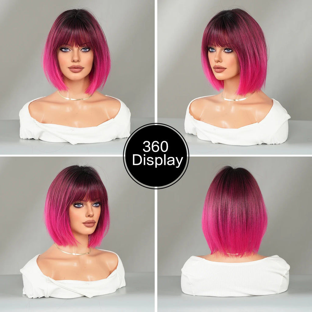 NAMM Rose Pink Short Wig for Women Daily Party Overhead Dyeing Black Natural Synthetic Lavender Heat Resistant Straight Wigs